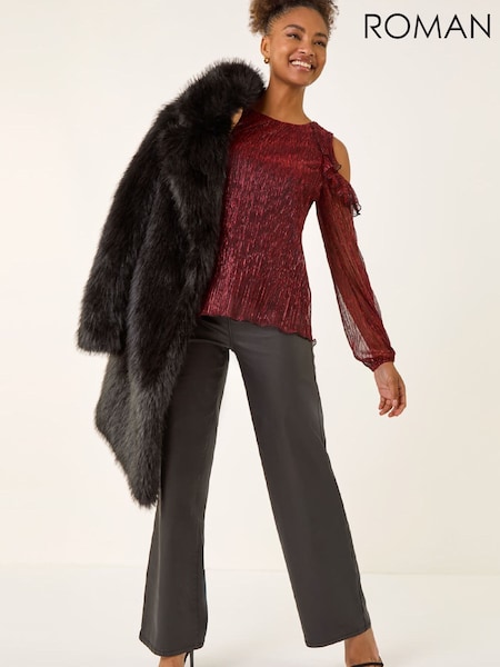 Roman Red Shimmer Plisse Cold Shoulder Shirt (W19680) | £40