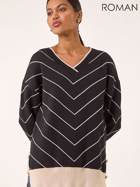 Roman Black Stripe V-Neck Knit Jumper (W19681) | £50