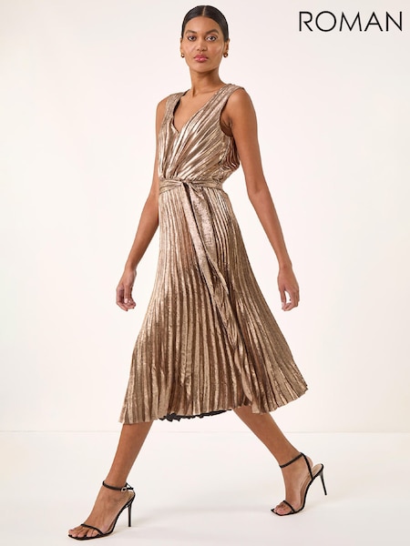 Roman Metallic Metallic Pleat Belted Midi Dress (W19699) | £95