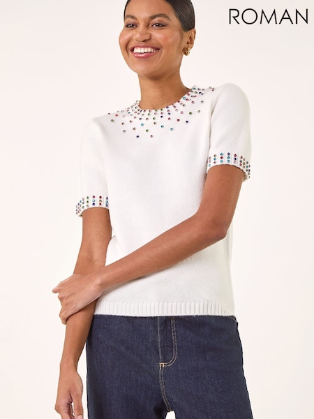 Roman White Embellished Neck Knitted Jumper (W19700) | £45