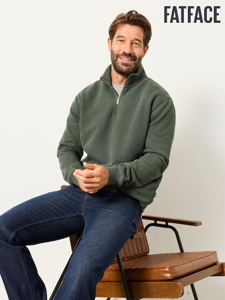 Dark Green - Regular Fatface Quarter Zip Sweatshirt