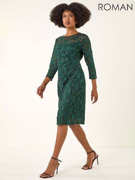 Roman Green Sequin Lace Ruched Stretch Dress (W19738) | £70