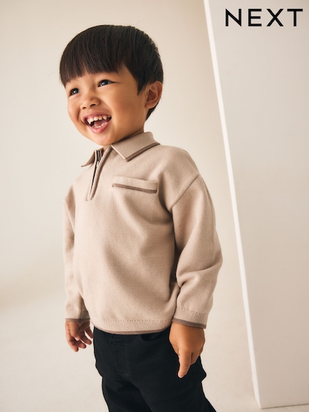 Neutral - Tipped Knitted Zip Neck Polo Shirt (3mths-7yrs)