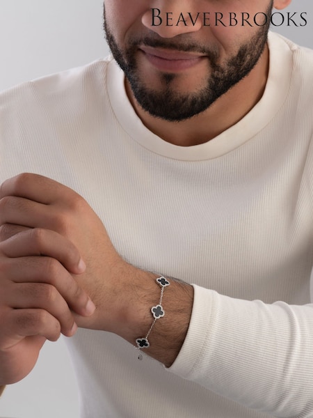 Beaverbrooks Silver Black Onyx Clover Mens Bracelet (W20202) | £135