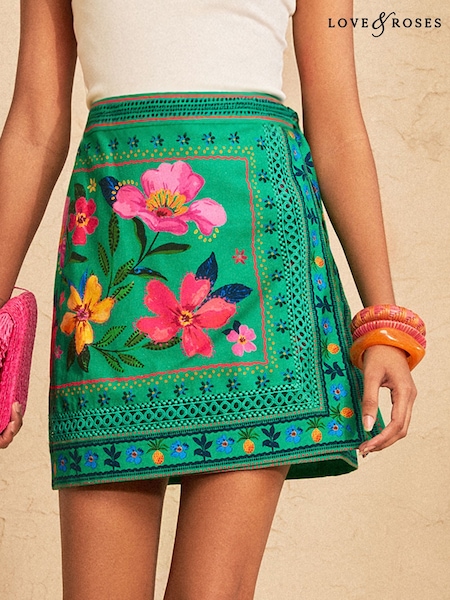 Bright Green - Love & Roses Floral Printed Linen Wrap Mini Skirt