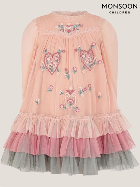 Monsoon Pink Baby Floral Embroidered Tulle Tiered Dress (W20246) | £32 - £34