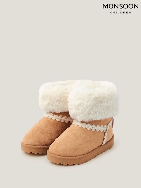 Monsoon Natural Crochet Bow Fluffy Ankle Boots (W20250) | £30 - £34