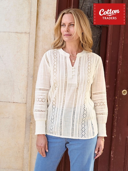 Cotton Traders Cream Broderie Long Sleeved Blouse (W20280) | £42