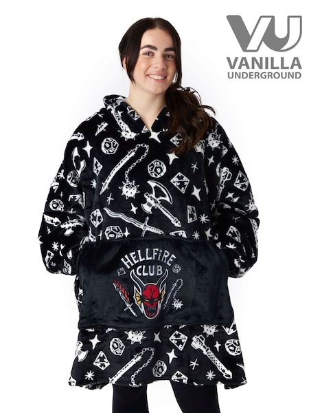 Vanilla Underground Black Stranger Things Hellfire Club Logo Scattered Print Blanket Hoodie (W20360) | £54