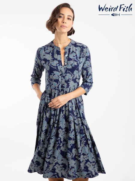 Weird Fish Blue Hellen Printed Crepe Shirt Dress (W20388) | £70