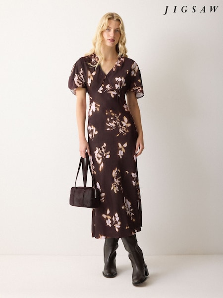 Jigsaw Purple Spray Floral Satin Bias Dress (W20801) | £225