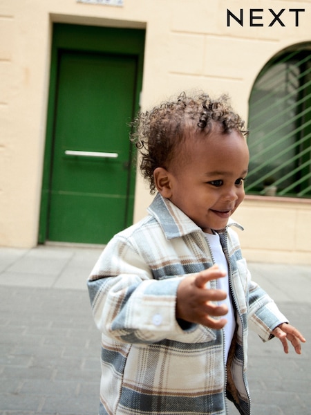 Blue/Ecru Check Zip Up - Borg Lined Shacket (3mths-7yrs)