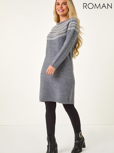 Roman Grey Petite Fairisle Knit Jumper Dress (W21309) | £52