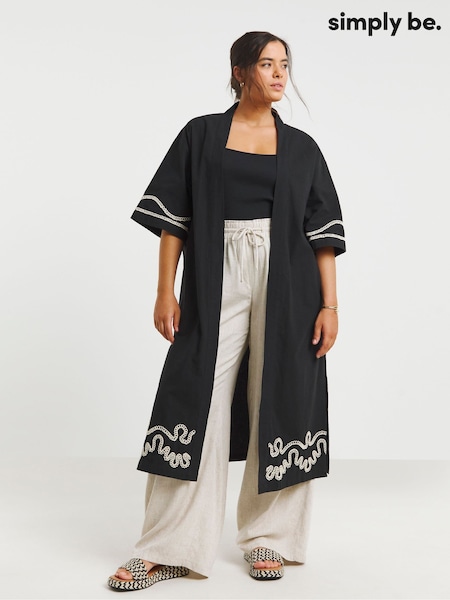 Simply Be Black Longline Embroidered Kimono (W21904) | £42