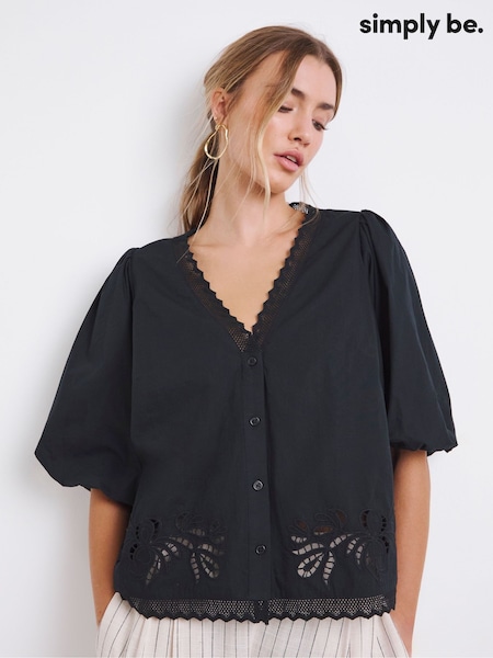 Simply Be Black Broderie Cutwork 100% Cotton Blouse (W21908) | £36