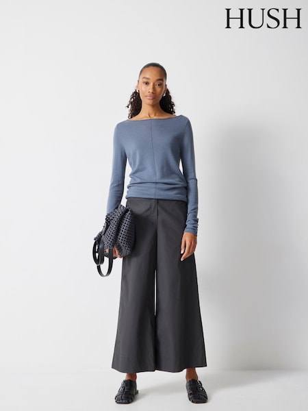 Hush Blue Fine Knit Slash Neck Seam Detail T-Shirts (W22085) | £80