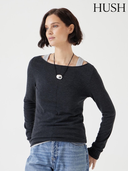 Hush Blue Chrome Fine Knit Slash Neck Seam Detail T-Shirts (W22117) | £80