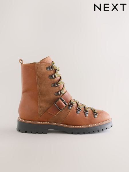 Tan Brown Leather Forever Comfort® Buckle Trim Lace Up Boots (W22234) | £78