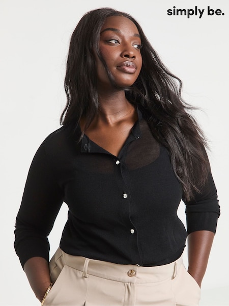 Simply Be Black Sheer Knit Crew Neck Boxy Cardigan (W22240) | £38