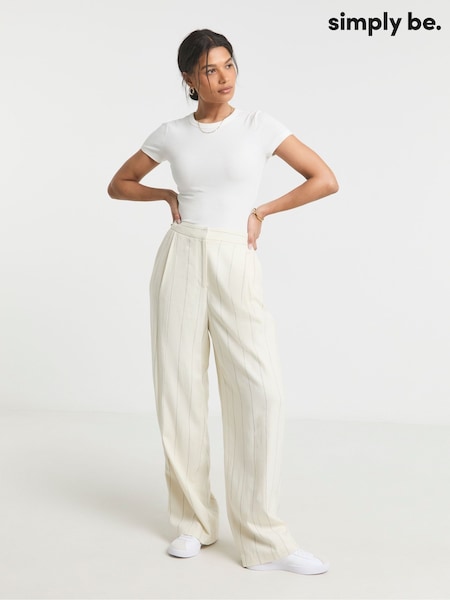 Simply Be Cream Linen Pinstripe Trousers (W22299) | £42