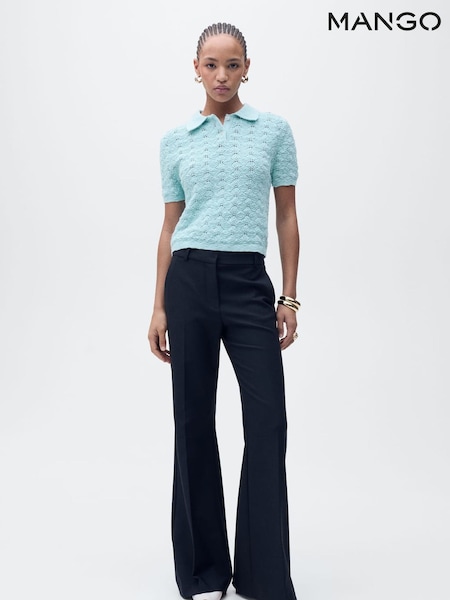 Mango Blue Openwork Crochet Knitted Polo-Neck Jumper (W22381) | £30