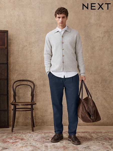 Navy Regular Fit Single Pleated Herringbone Trousers (W22420) | £38