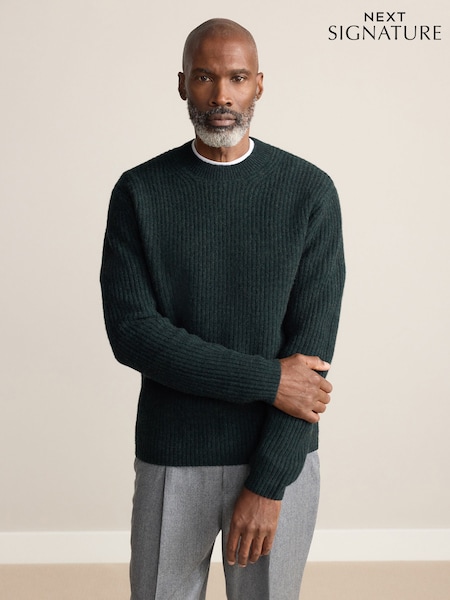 Dark Green Texture Regular Fit Signature 100% Merino Wool Crew Jumper (W22447) | £62
