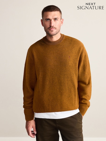 Ochre Yellow Regular Fit Signature 100% Lambswool Stag Crew Jumper (W22460) | £45
