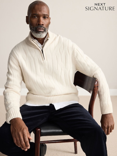 Ecru White Regular Fit Signature 100% Lambswool Cable Quarter Zip Neck Jumper (W22462) | £52