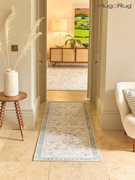 Hug Rug Green British Made Washable English Floral Print Runner (W22507) | £195