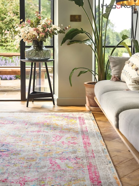Hug Rug Beige and Pink British Made Washable Neo Classical Rug (W22510) | £340