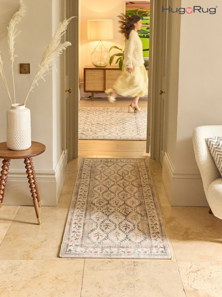 Hug Rug Natural and Green British Made Washable English Garden Runner (W22511) | £195