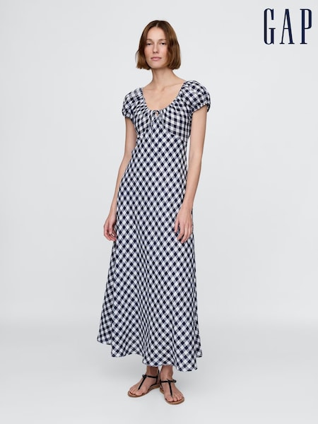 Gap Navy/Blue DÔEN 100% Linen Gingham Maxi Dress (W22525) | £180