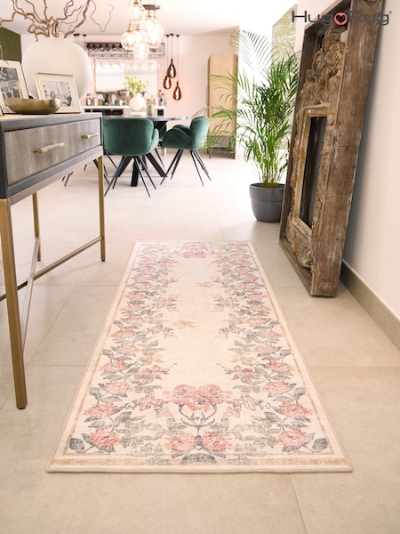 Hug Rug Cream and Floral British Made Washable Botantical Border Rug (W22595) | £200 - £420
