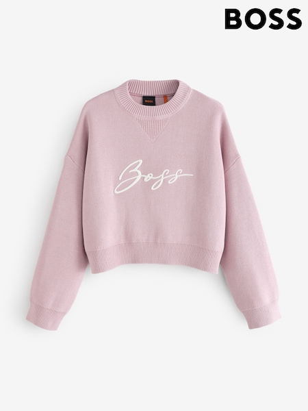 BOSS Pink Finevra Script Logo Knit Crop Jumper (W22732) | £169