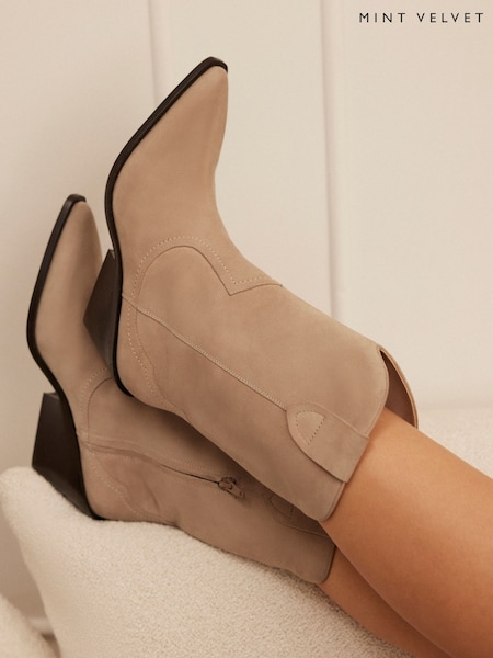 Mint Velvet Cream Annie Suede Cowboy Boots (W22772) | £180