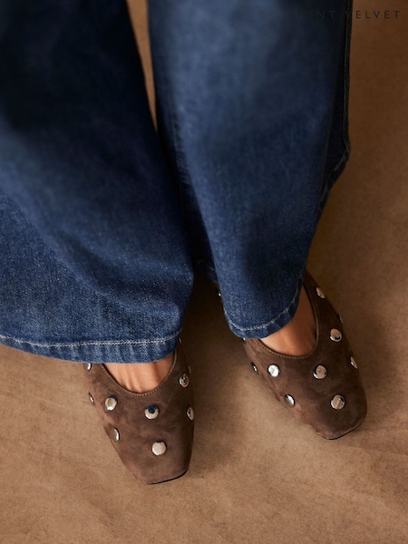 Mint Velvet Brown Coco Suede Studded Leather Flat Shoes (W22773) | £110