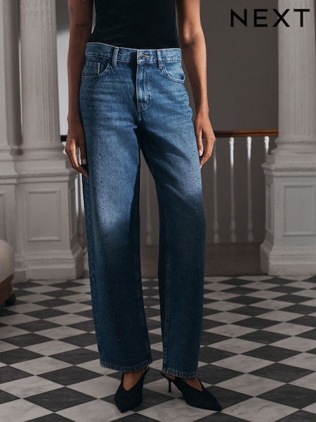Mid Blue Embellished Wide Leg Jeans (W22786) | £65