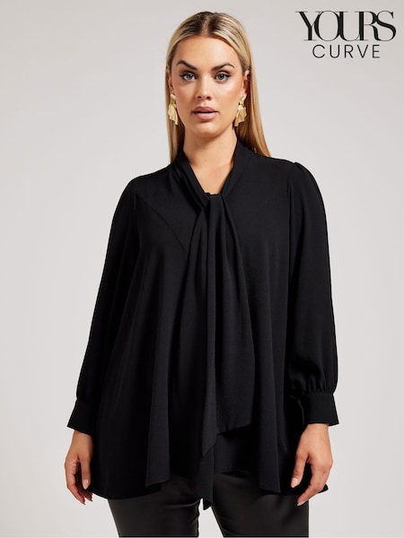 Yours Curve Black Tie-Neck Gather Blouse (W22868) | £0