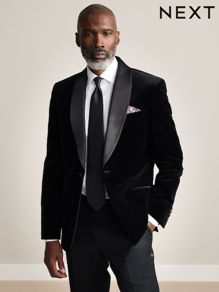 Black Slim Fit Regular Fit Signature Pontoglio Italian Velvet Blazer With Shawl Lapel (W22896) | £179