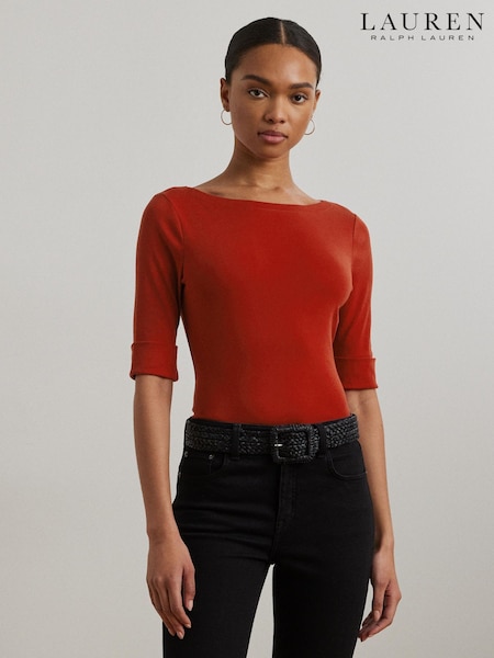 Lauren Ralph Lauren Red Judy Quarter Sleeve Stretch Cotton Boatneck Top (W22931) | £59