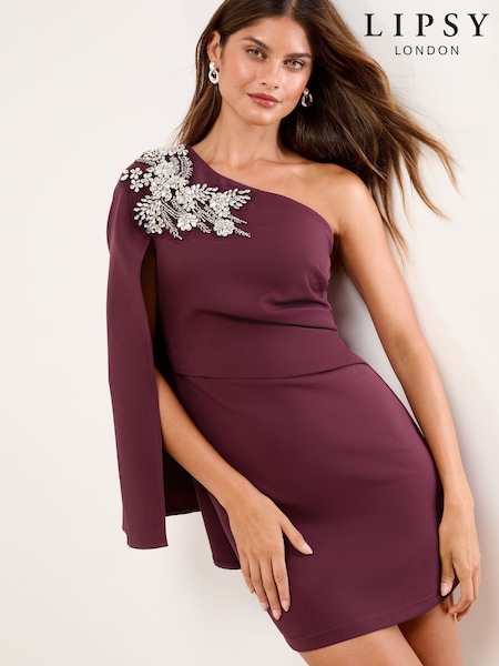 Lipsy Wine Embellished Cape One Shoulder Mini Shift Dress (W22953) | £125