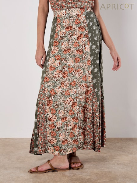 Apricot Green Floral Print Trio Patchwork Midi Skirt (W22966) | £40