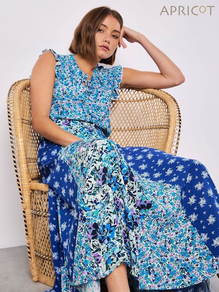 Apricot Blue Floral Print Trio Patchwork Midi Skirt (W22972) | £40