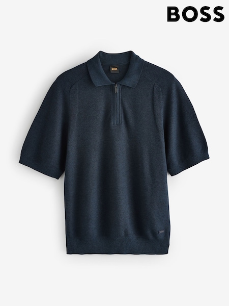 BOSS Blue Kancello Zip Neck Knitted Polo Shirt (W23176) | £139
