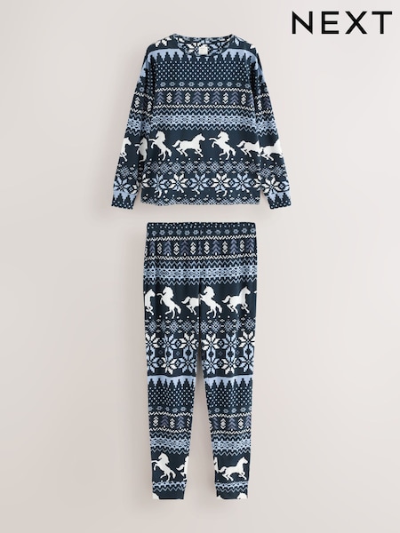 Navy Horse Print Long Sleeved Pyjamas (W23182) | £22