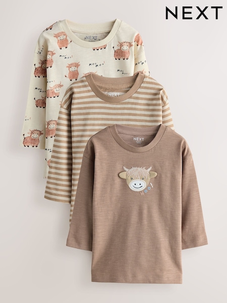 Neutral Tan Hamish Long Sleeve Animal Print Character T-Shirts 3 Pack (3mths-7yrs) (W23214) | £19 - £23
