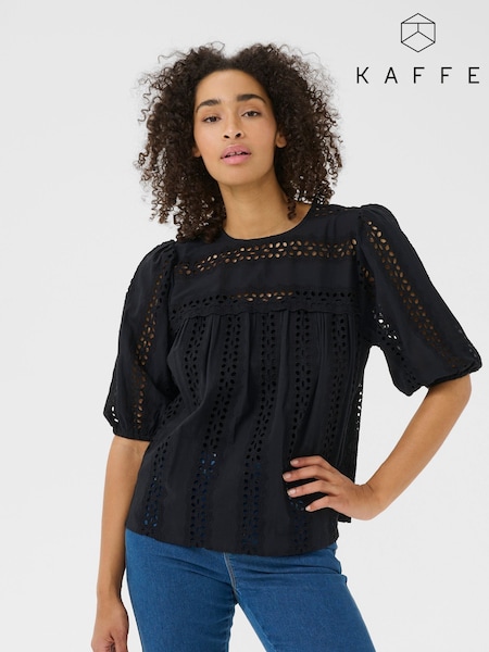 Kaffe KArandy Short Sleeve Cut-Out 100% Cotton Black Blouse (W23285) | £70