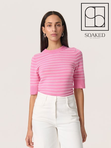 Soaked in Luxury Pink SLSpina Short Sleeve Striped Pullover Jumper (W23319) | £50