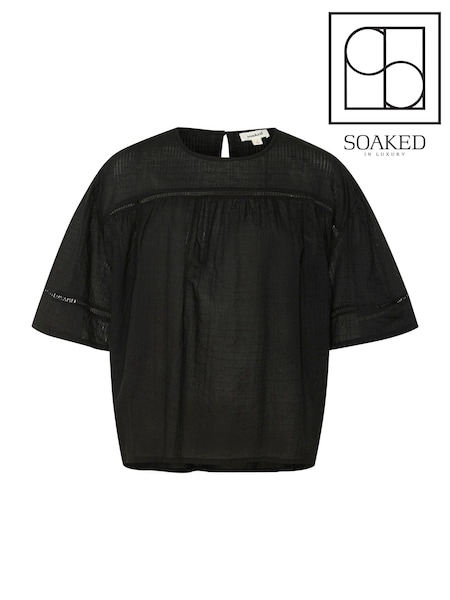 Soaked in Luxury 100% Cotton SLAmona 3/4 Sleeve Round Neck Black Blouse (W23340) | £60